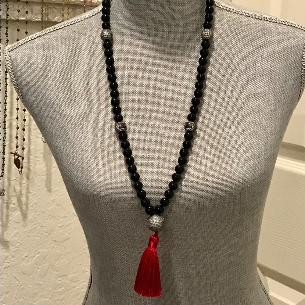 Black Onyx Bead Necklace Pave CZ Bead Accents